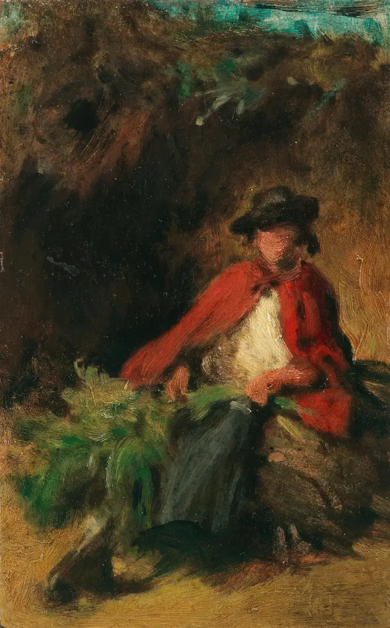 Sittande flicka med röd cape och en hare framför sig av Carl Spitzweg