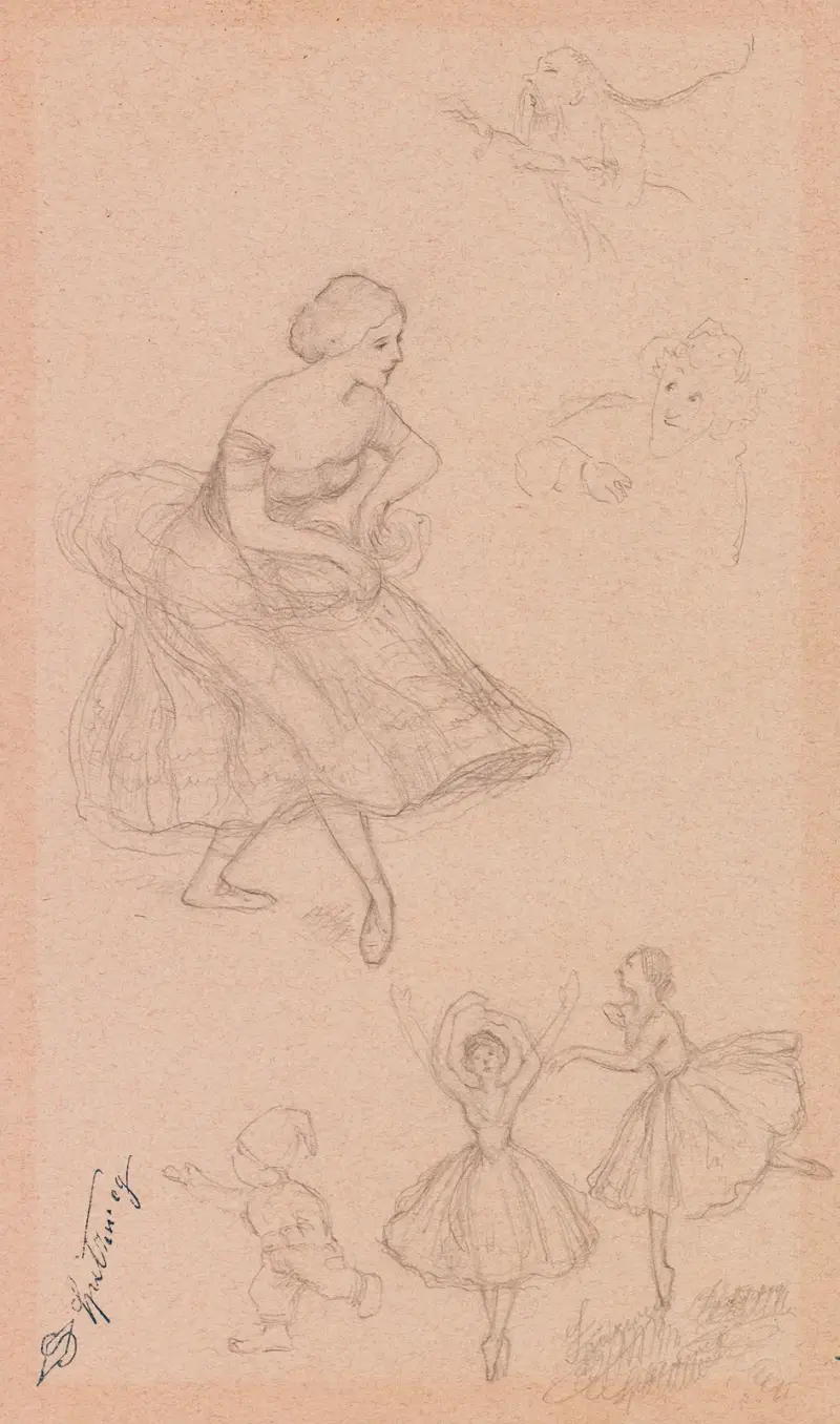 Studieblad med balettdansöser och dvärgar av Carl Spitzweg