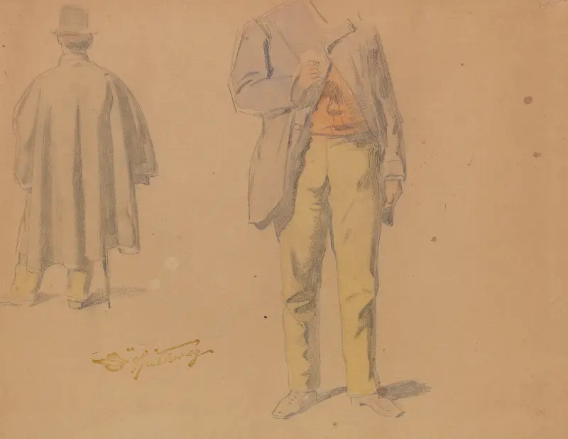 Studieblad med stående man framifrån och bakifrån (Kappstudie) av Carl Spitzweg