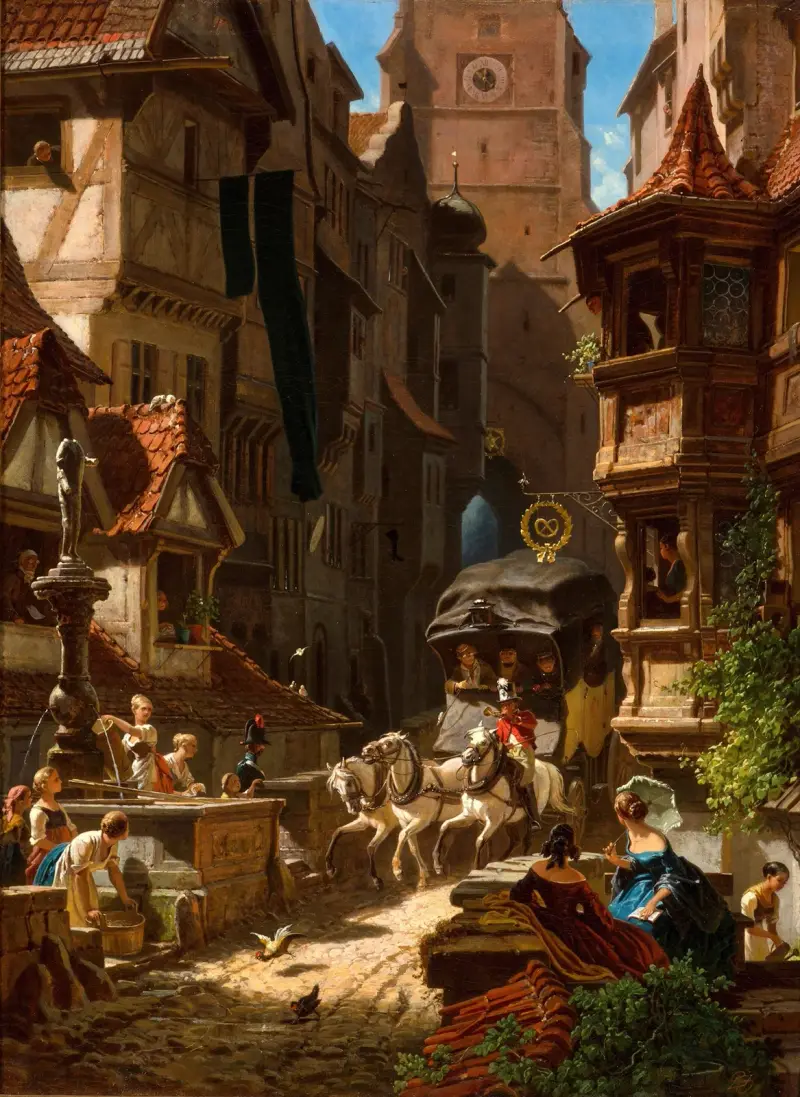 The arrival of the stagecoach av Carl Spitzweg