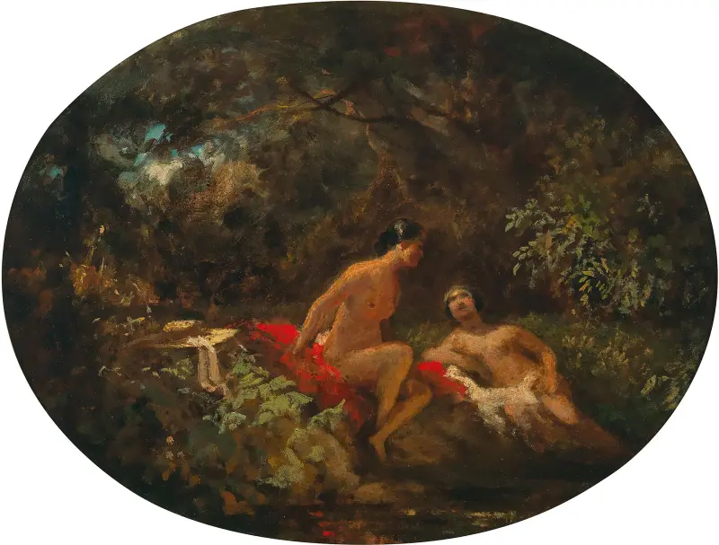 Kvinnor som badar vid en skogstjärn av Carl Spitzweg