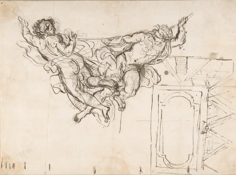 Studie für nackte männliche Figuren, die einen Rahmen und einen Plan der Deckendekoration des Palazzo Altieri, Rom, tragen von Carlo Maratti