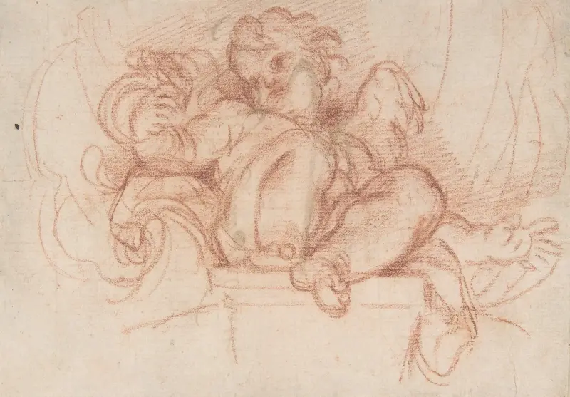 Studie av en putto sittande på en kragsten i en snäcknisch av Carlo Maratti