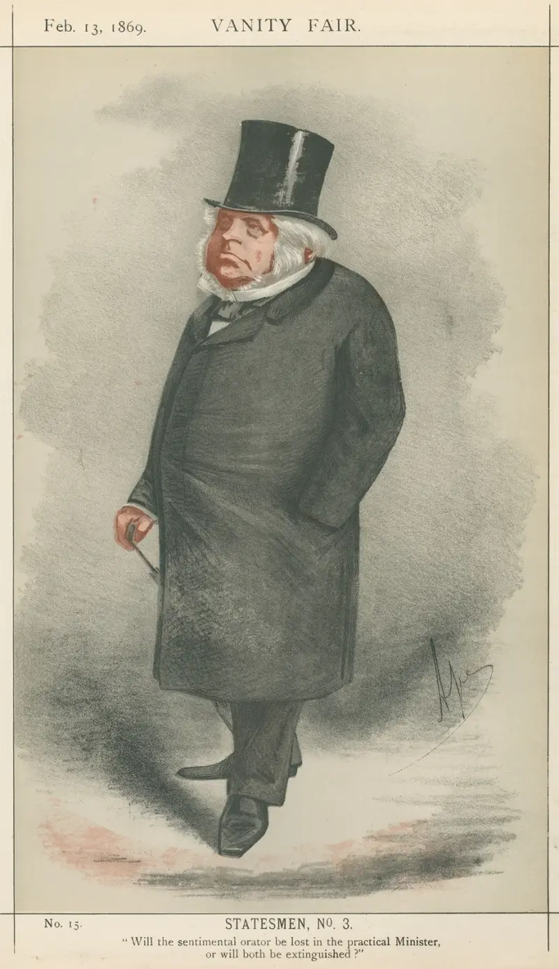 Politiker – 'Will the sentimental orator be lost in the practical Minister, or will both the extinguished' The Rt. Hon. John Bright. 13 februari 1869 av Carlo Pellegrini