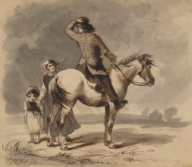 Boy on pony and two girls av Felix Octavius Carr Darley