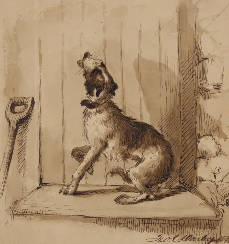 Hund som skäller framför stängd dörr av Felix Octavius Carr Darley