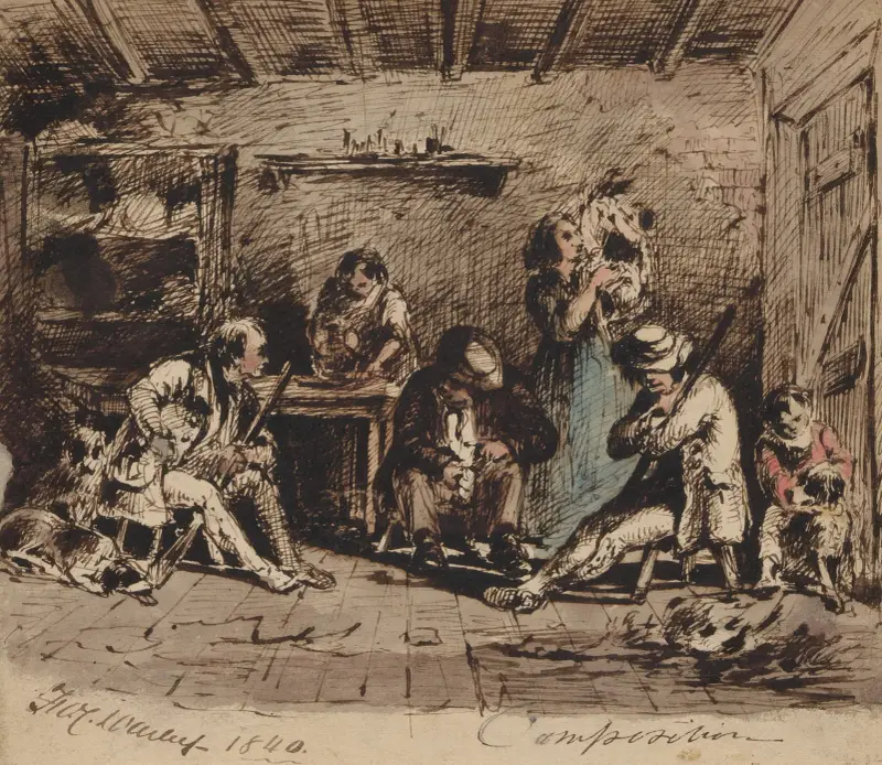 Drawing of cabin interior av Felix Octavius Carr Darley