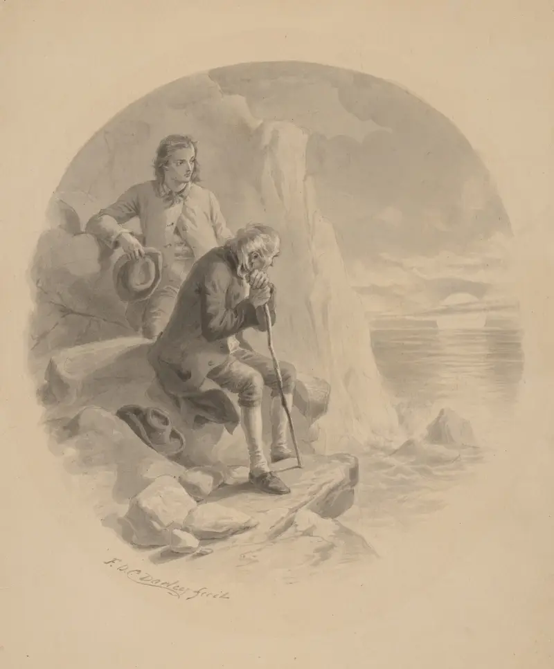 Äldre man och en ung man ser solen gå ner över havet av Felix Octavius Carr Darley