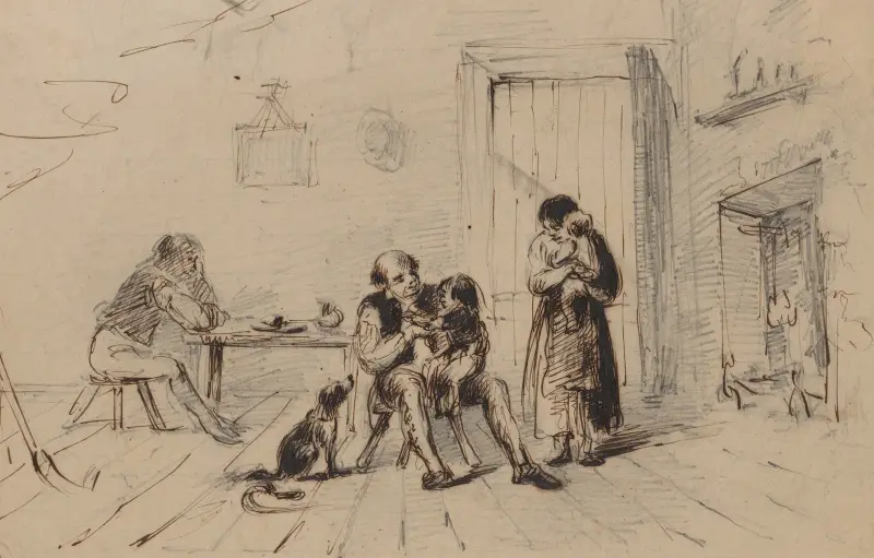Five family members and dog in cabin av Felix Octavius Carr Darley