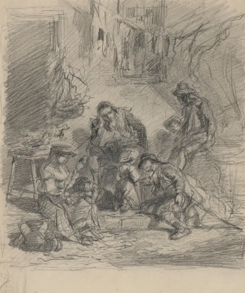 Fyra sittande gatufigurer av Felix Octavius Carr Darley
