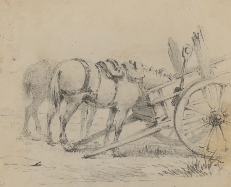 Hästar som äter från en tvåhjulig kärra av Felix Octavius Carr Darley