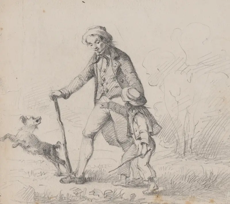 Man som går med barfota pojke och hund av Felix Octavius Carr Darley