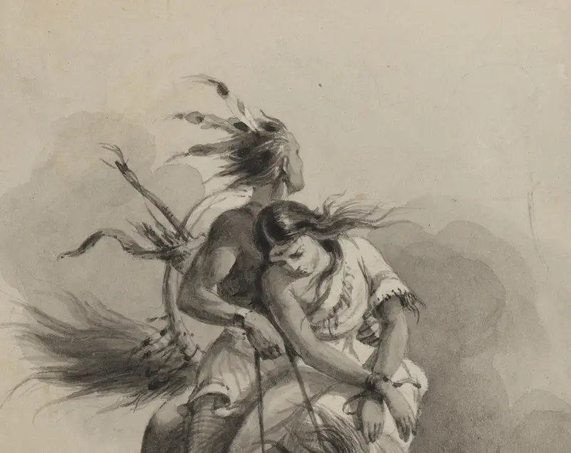 Native American on horse, holding girl with tied hands av Felix Octavius Carr Darley