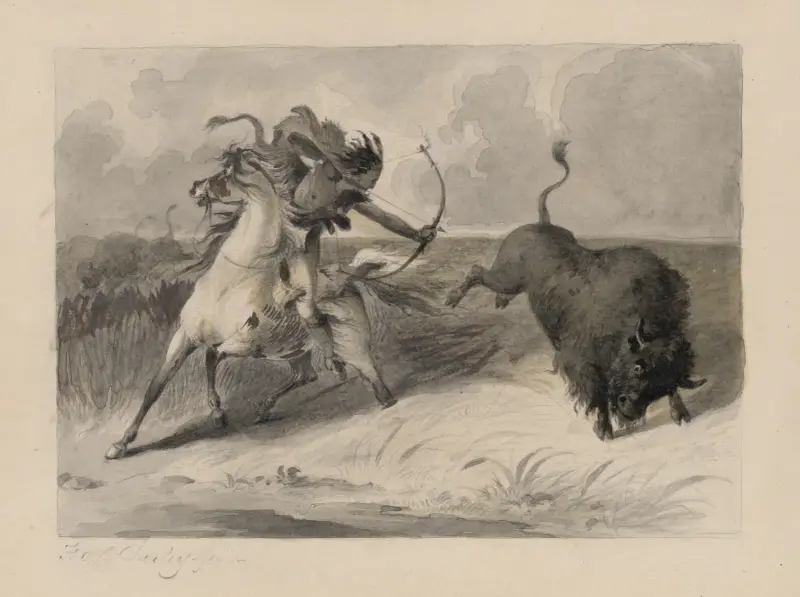 Native American on horseback hunting buffalo av Felix Octavius Carr Darley