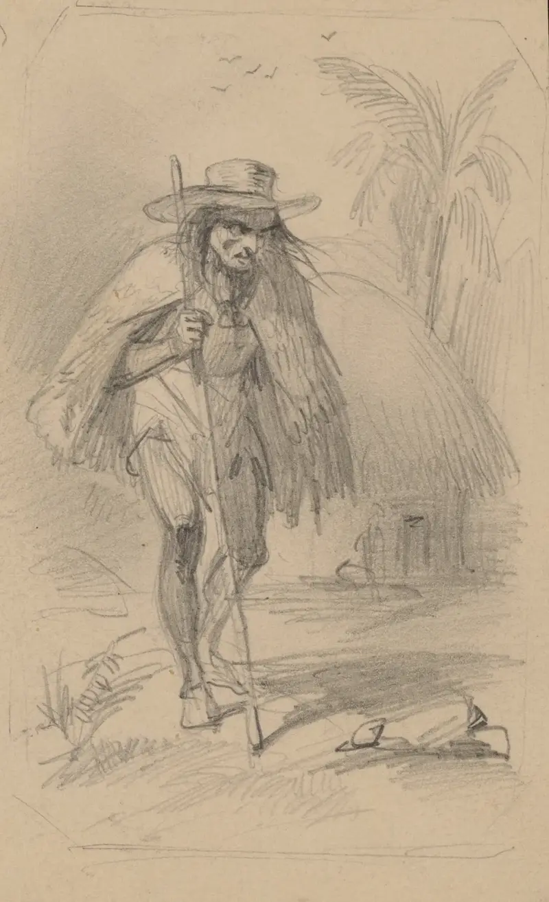 Bonde med stav, stor hatt och kort cape, halmtakshydda i bakgrunden av Felix Octavius Carr Darley