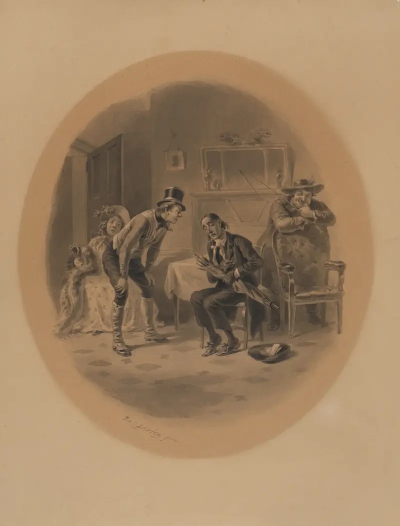 Scene from The Pickwick Club; seated man holding umbrella av Felix Octavius Carr Darley