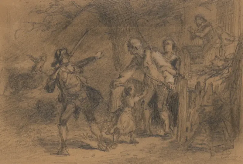 Soldier taking leave of family at a gate av Felix Octavius Carr Darley