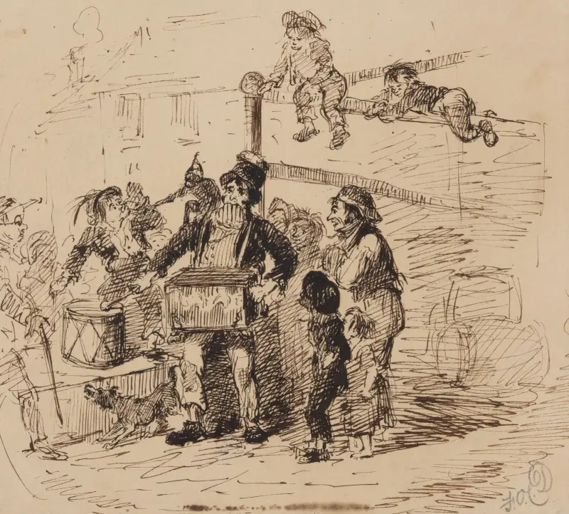 Gatumusikant omgiven av barn av Felix Octavius Carr Darley