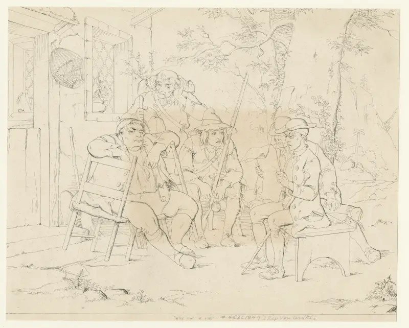 The schoolmaster reads from an old newspaper to the village sages assembled before the inn av Felix Octavius Carr Darley