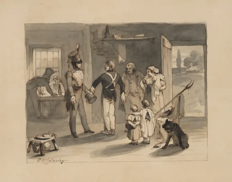 Tre soldater med en familj och en hund av Felix Octavius Carr Darley