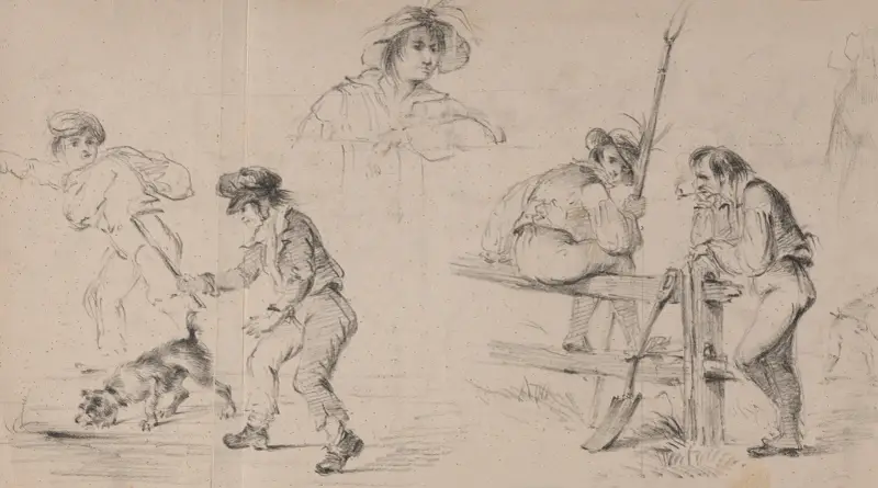 Two peasants resting on a fence; a woman; two children playing with a dog av Felix Octavius Carr Darley
