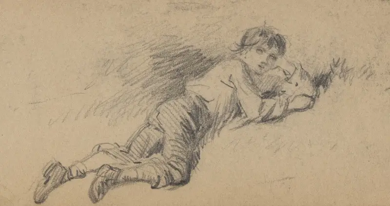 Ung pojke vilande på gräset av Felix Octavius Carr Darley