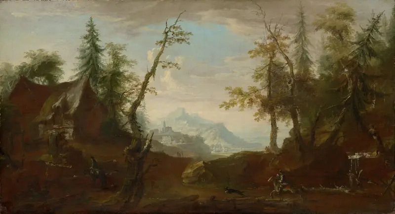 Lantgård i en skogsglänta med ryttare av Caspar Wolf