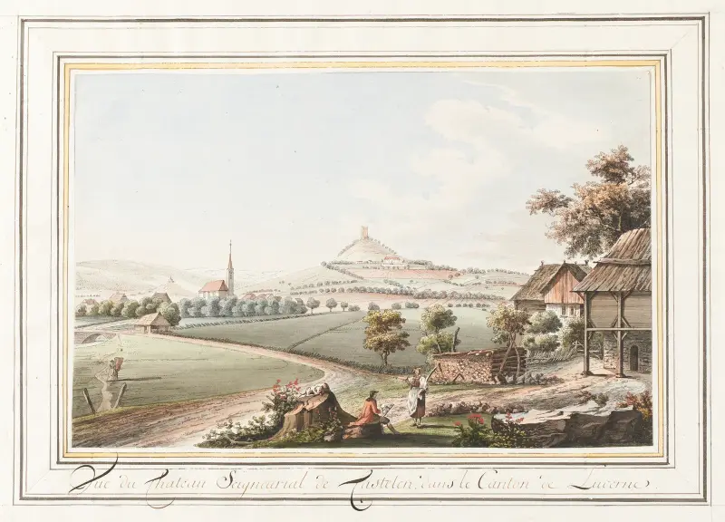 Vy över det herrgårdssätes slott i Castelen i kantonen Luzern av Caspar Wolf