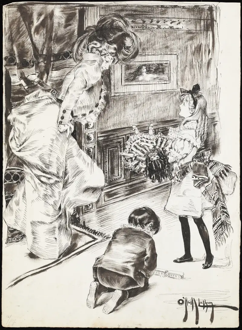 A girl shows her doll to a woman, while a boy plays with a toy train on the floor. av Rose Cecil O'Neill