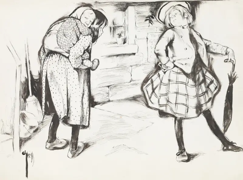 A wealthy girl turns up her nose at a poor girl, who is carrying a baby on her back. av Rose Cecil O'Neill