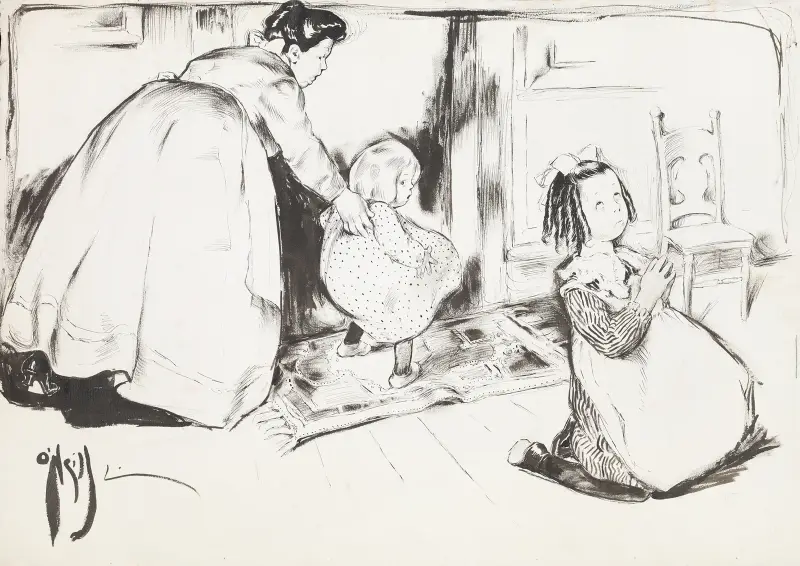 A young girl kneels to pray, while behind her a woman guides a younger girl towards an empty chair. av Rose Cecil O'Neill