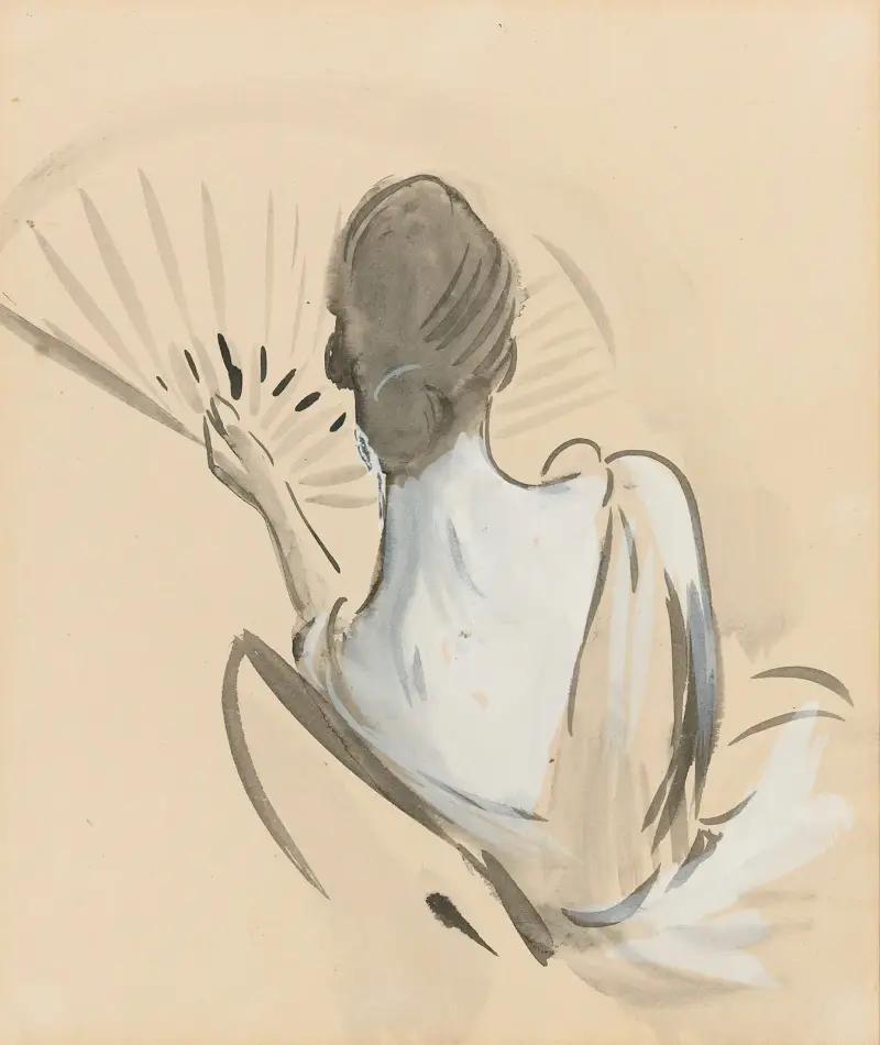 Kvinna sedd bakifrån med solfjäder av Paul César Helleu