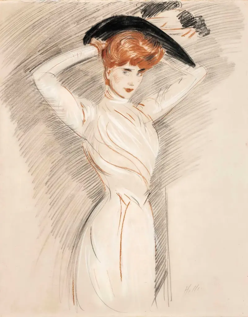 An elegant lady wearing a hat av Paul César Helleu