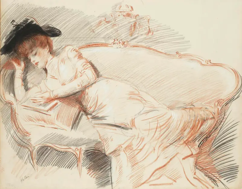 Elegant dam läsande i soffa av Paul César Helleu