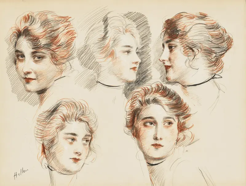 Fem huvudstudier av en ung dam av Paul César Helleu