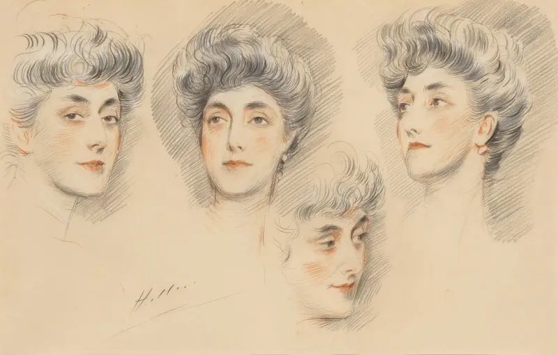Fyra huvudstudier av en dam, traditionellt identifierad som Mrs Gertrude Vanderbilt Whitney av Paul César Helleu