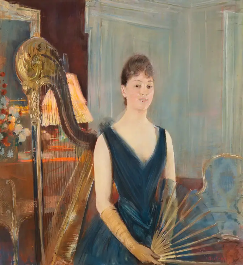 Sitzende Harfenspielerin mit Fächer von Paul César Helleu
