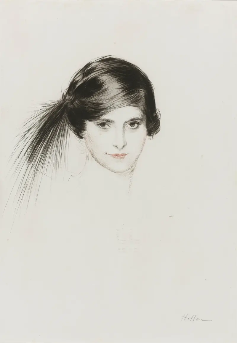 Porträtt av Helena Rubinstein med ägretfjädrar av Paul César Helleu