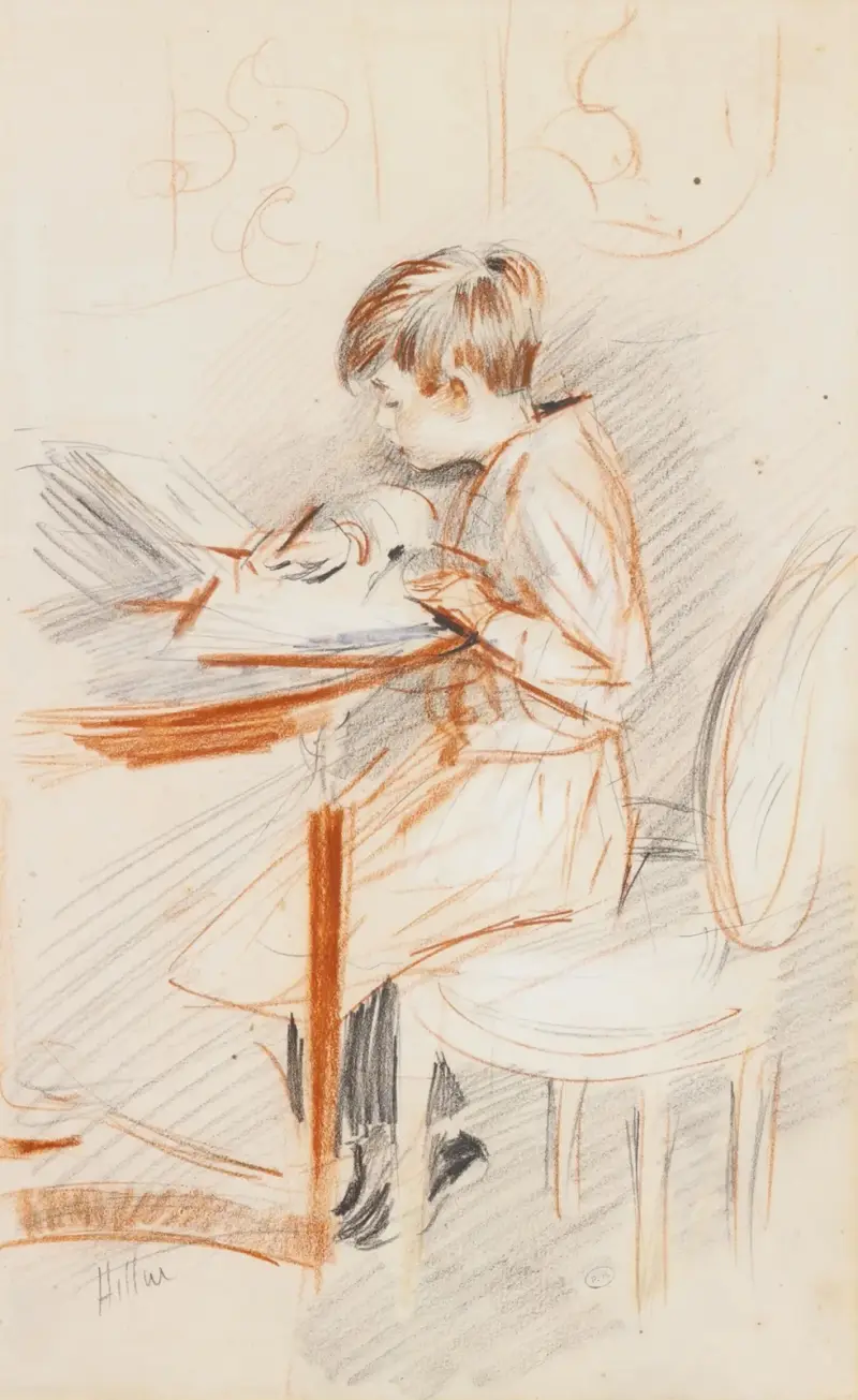 Jean skrivande i profil av Paul César Helleu