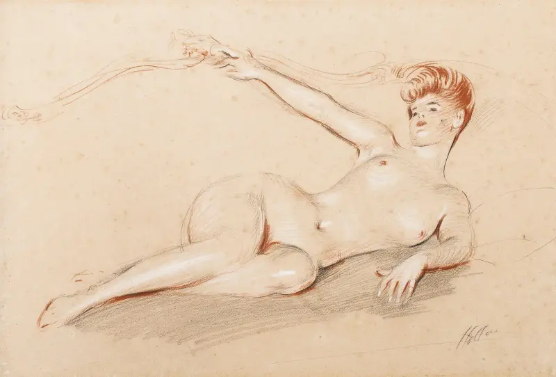 Liggande naken på soffa av Paul César Helleu