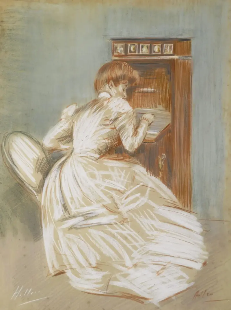 Madame Helleu vid sitt sekretär av Paul César Helleu