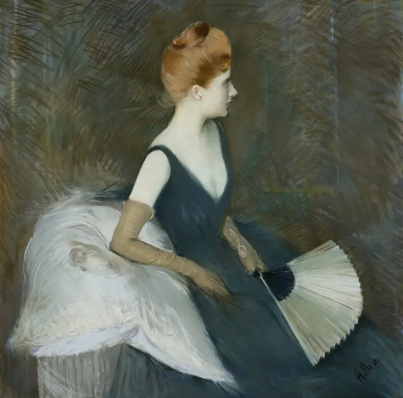 Madame Marthe Letellier sittande i soffa med solfjäder av Paul César Helleu