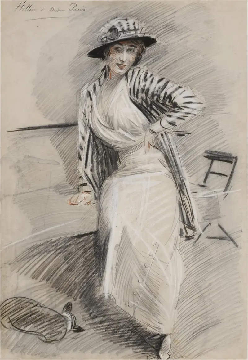 Madame Paris sittande på en bänk av Paul César Helleu