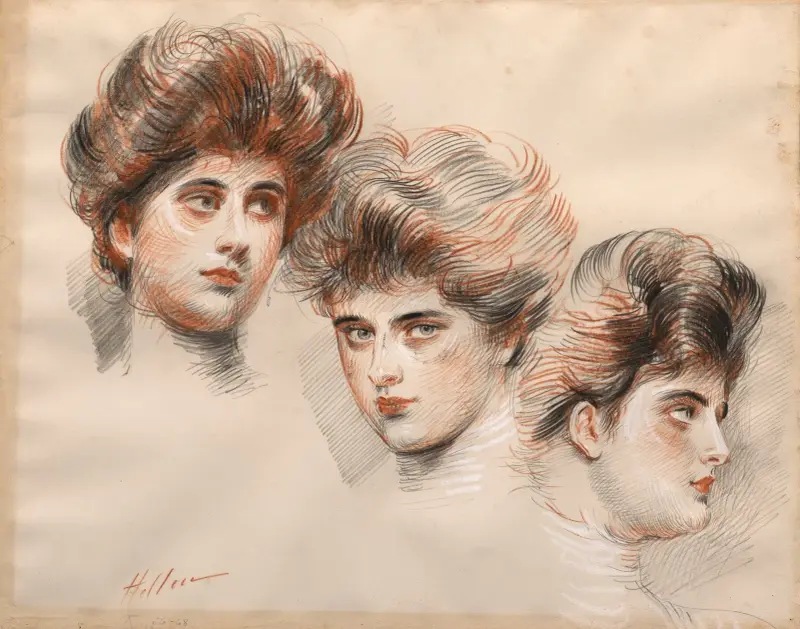 Bildnis der Yvonne Avollée, von vorn, im Profil nach rechts und nach links von Paul César Helleu