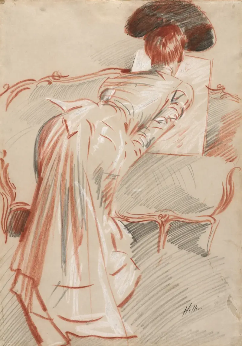 Woman (Possibly Madame Alice Hellu) Looking at a Drawing av Paul César Helleu