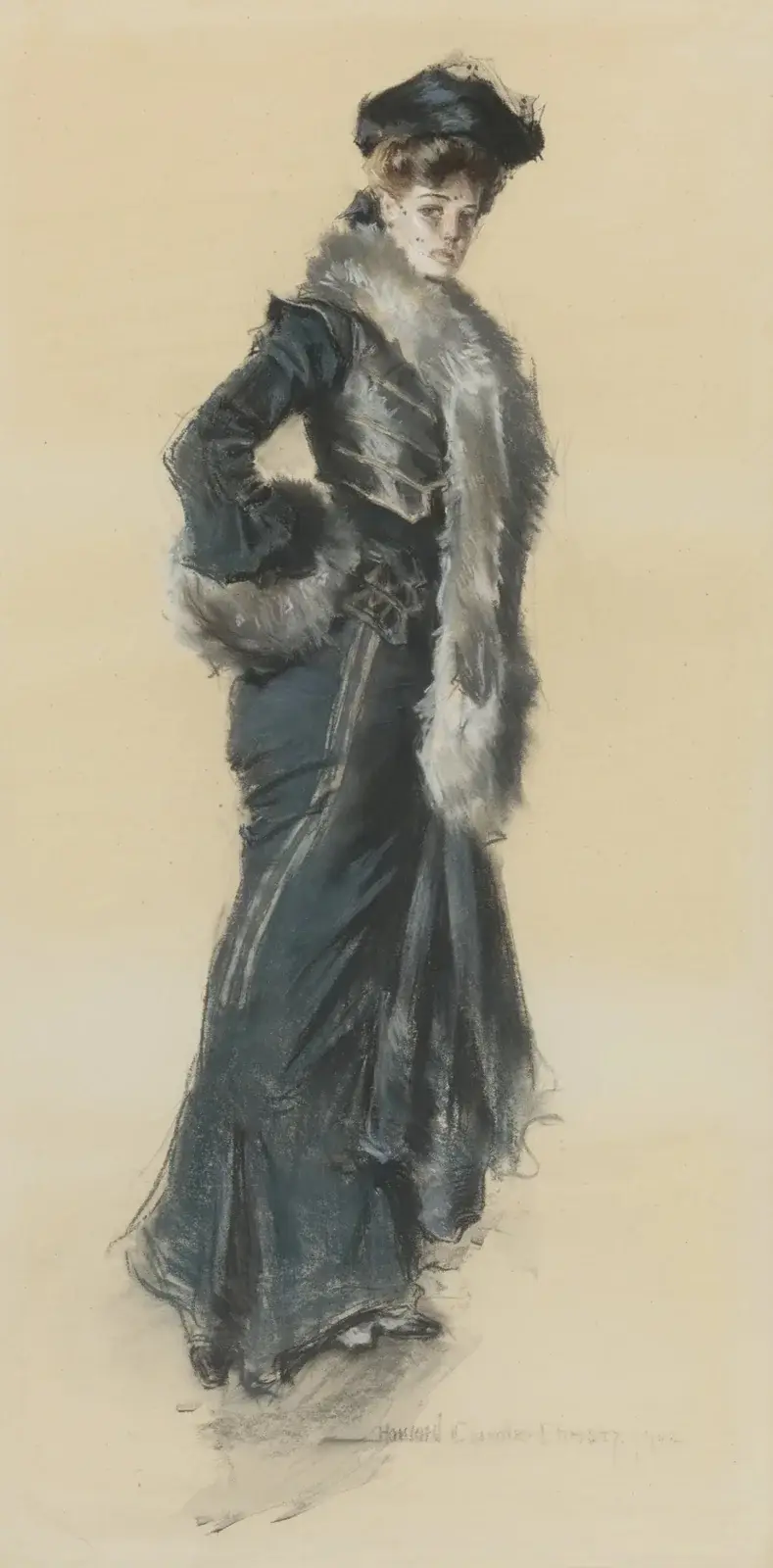 An Elegant Lady in a Fur-Trimmed Coat av Howard Chandler Christy