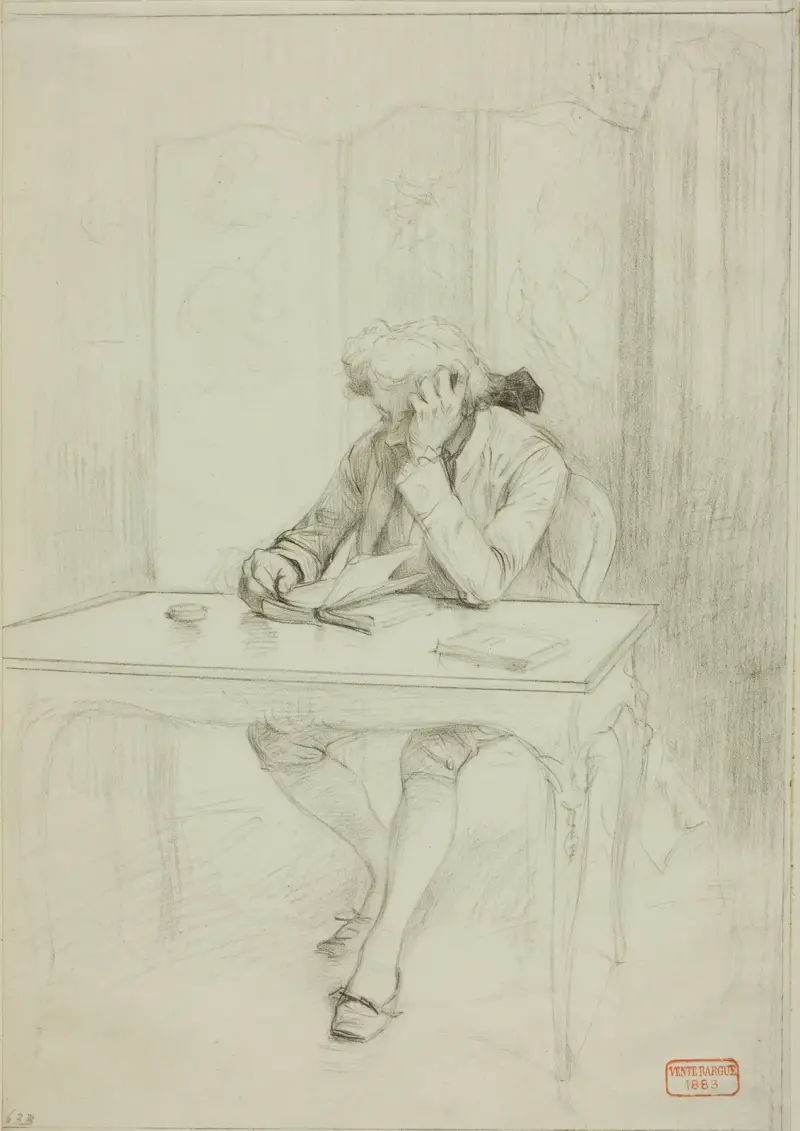 Man in Eighteenth-Century Dress, Seated at Table and Reading, Charles Bargue