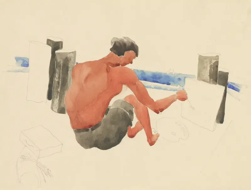 Konstnären på stranden som tecknar av Charles Demuth