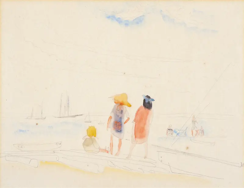 Two Women and Child on Beach av Charles Demuth