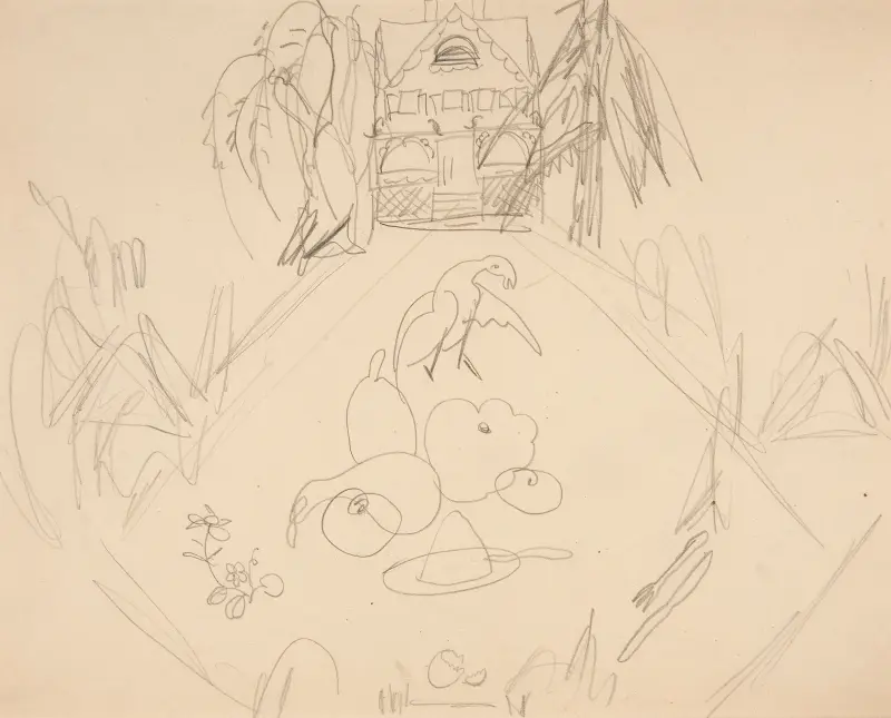 Untitled [doves, fruits, vegetables, house, written notes] av Charles Demuth